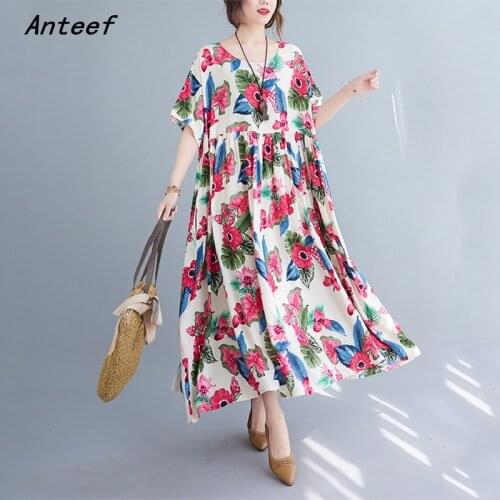 Short sleeve plus size cotton vintage floral dresses for women casual loose long woman summer dress elegant clothes 2021