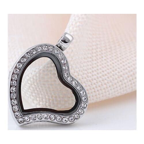 10SET/lot Heart Shape Rhinestones Magnetic Glass Floating Locket Pendant With Free Chains