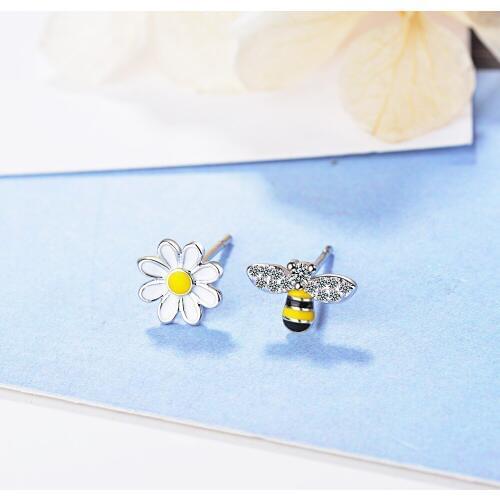 925 Sterling Silver Bee Sun Flower Asymmetrical Stud Earrings With Bling Zircon For Women Jewelry S-E644