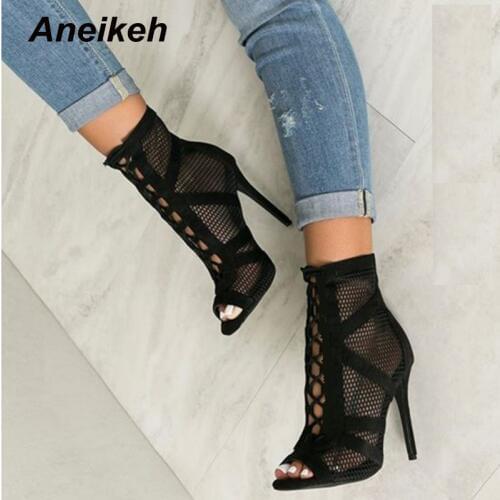 Aneikeh Fashion Show Black Net Suede Fabric Cross Strap Sexy High Heel Boots Woman Shoes Pumps Lace-up Peep Toe Sandals Boots 42