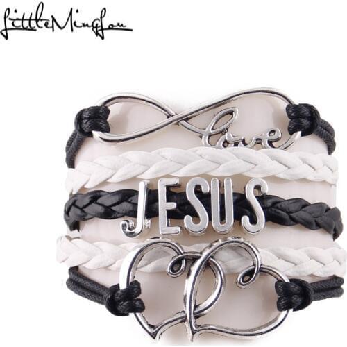 Little Minglou Infinity Love JESUS bracelet heart charm religious faith leather wrap men bracelets & bangles for women jewelry