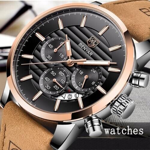 Men’s Watches BENYAR New Top Casual Fashion Military Waterproof Leather Chronograph Luxury Brand Quartz Watch Men Zegarek meski