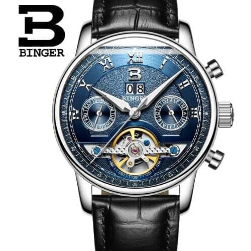 BINGER new men leather watch wrist original luxury top brand big automatic fashion sports Mechanical watches relogio masculino