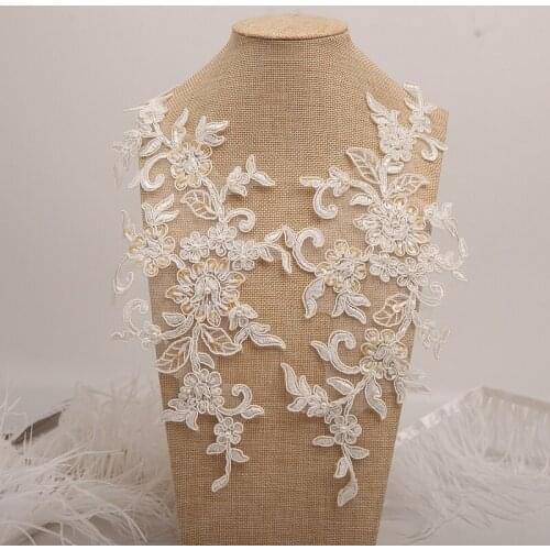 Ivory High Quallity Handmade Alencon Lace Appliques Floral Embroidered Patches Wedding Supplies Bridal Hair Flower 2Piece S62