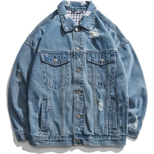 New Men Loose Hip-hop Denim Jacket European and American Style Lapel Long Sleeve Trend Denim Coat Streetwear Male Clothing