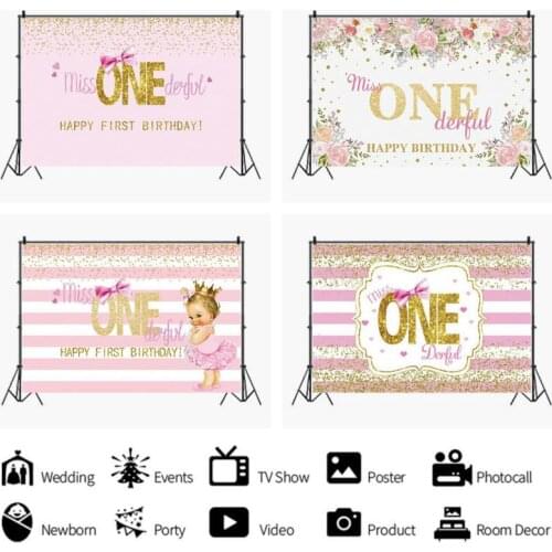 Happy Babys 1st Birthday Gold Font Pink Background Party Decorative Photography Studio Photo Child Room Ornament Backdrop
