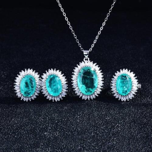 Vintage Jewelry Set Luxury Paraiba Tourmaline Stone Oval Pendant Necklace 925 Silver Eternity Wedding Ring For Women Engagement