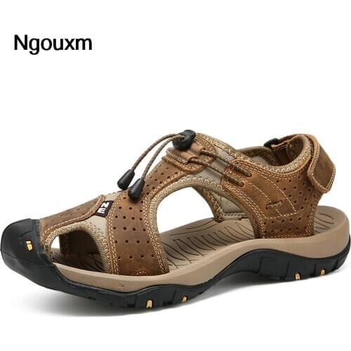 Ngouxm Summer Men Genuine Leather Sandals New design Fashion Casual Breathable Flat Adjustable Fisherman hiking Shoes