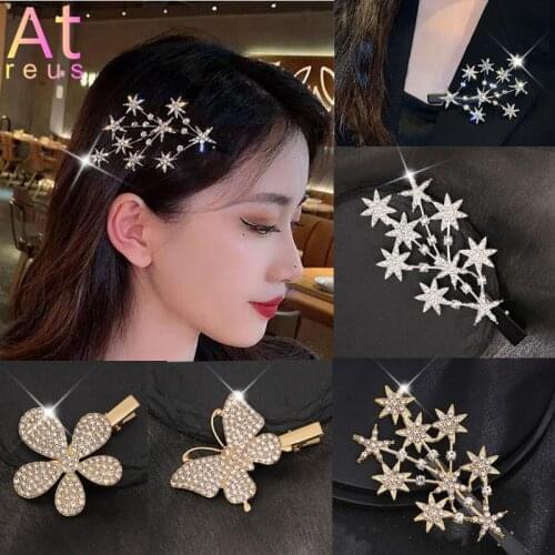 Plant Leaf Star Hair Clips For Women Girls Fashion Hair Jewelry Full Fill Rhinestone Gold Plated Color Hairpins Suit Pins