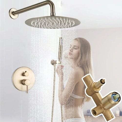 Brushed Golden Shower Mixer Faucet Concealed Rainfall Shower Faucet Set In Wall Brass Shower Mixer Valve 8/10/12/16" Shower Head