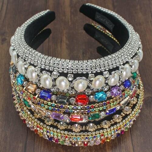 Fashion Novelty Baroque Luxury Full Big Pearl Crystal Padded Headbands Rhinestones Hairbands for Women Sparkly Party Headbands