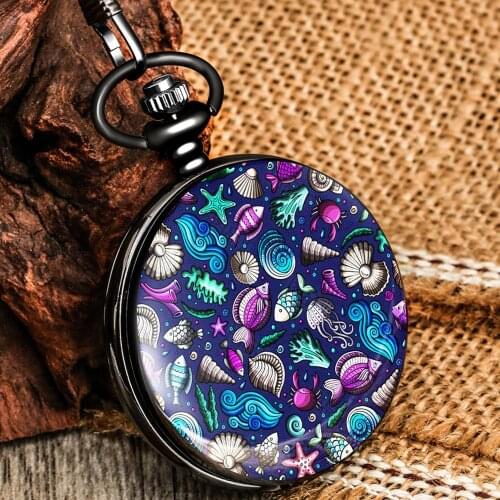 Conch Shell Underwater World Classic Black Quartz Pocket Watch Simple Large White Digital Dial Durable Chain Pendant Watch Male