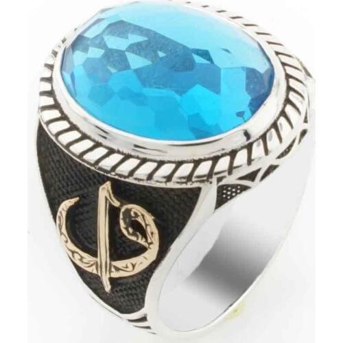 925 sterling Silver Light Blue Zircon Stone Mens Aleph Vav Detailed Ring