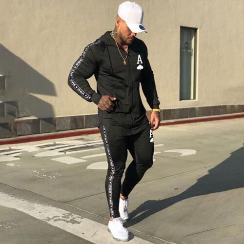 Fashion Mens Hooded Zipper Spades A Sports Solid Color Sports Suit Casual Tight Sports Long Sleeve Trousers Set Two Piece Set