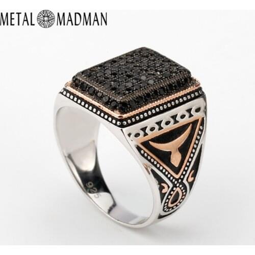 Real 925 Sterling Silver Punk Geometric Rectangle Signet Pave Setting Black Cubic Zircon Ring for Men Party Jewelry