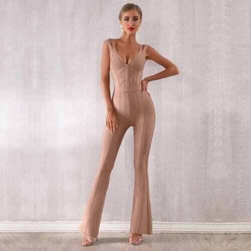 Winter Celebrity Party Bandage Jumpsuit Women Spaghetti Strap V-Neck Sexy NightClub Full Length Jumpsuit Vestidos Woman Clothing