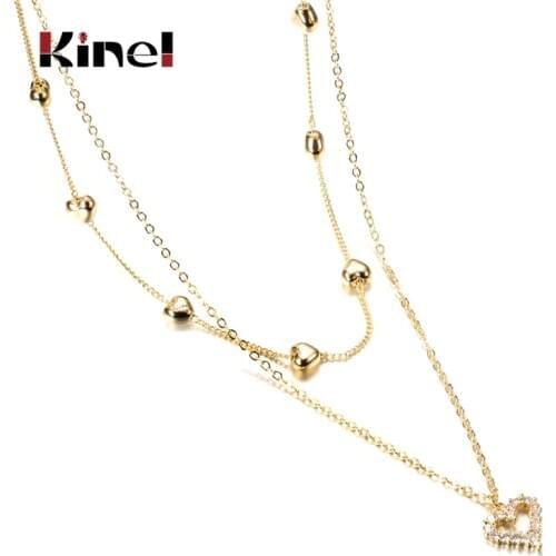 Kinel 14k Real Gold Double layer Heart Necklace Shining Bling AAA Zircon Women Clavicle Chain Charm Bride Wedding Jewelry
