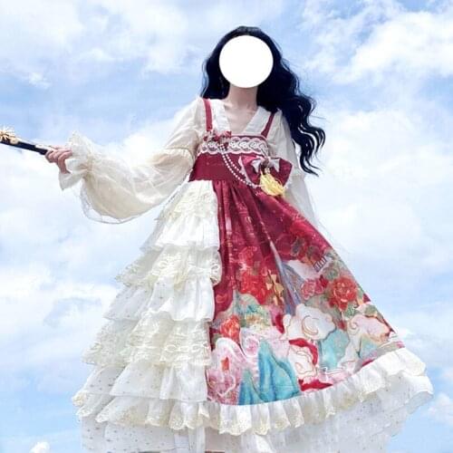 Chinese Style Sweet Lolita JSK Kawaii Soft Girl Party Dress Cute Printing Bow Sleeveless Tea Party Ruffles Princess Dresses