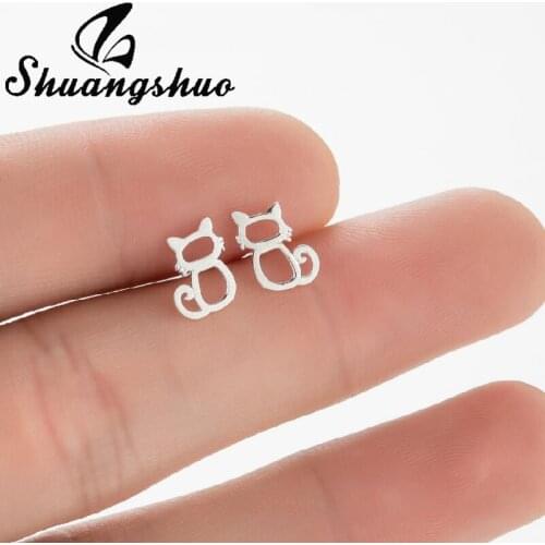 Shuangshuo Lovely Animal 925 Sterling Silver Earrings Hollow Kitten Cat Stud Earrings Cartoon Jewelry for Women Bijoux Femme