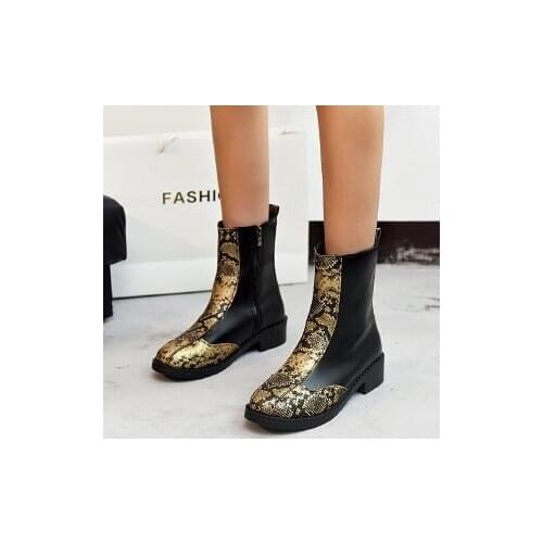 Autumn Winter Large Size Medium Tube Round Head Platform Low Heel Snake Pattern Side Zipper Leather Fashion Boots WomensM Shoes
