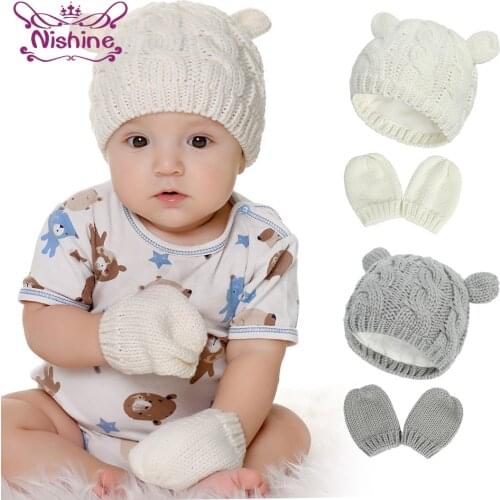 Nishine Solid Color Newborn Infant Knitted Bear Ears Hat and Glove Set Autumn and Winter Warm Cap Kids Birthday Gifts