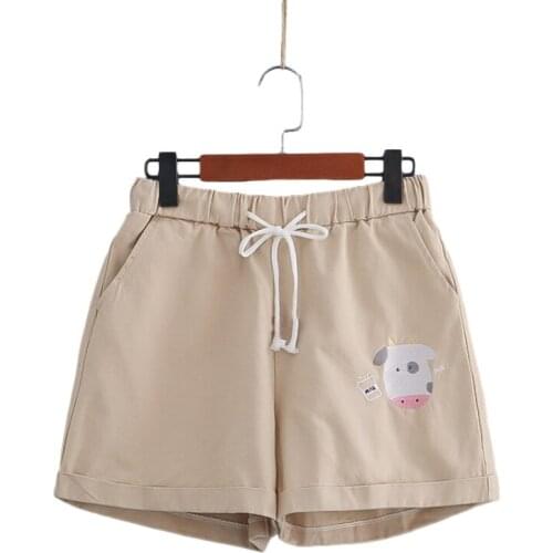 Kawaii Fashion Milk Cow Embroidery Summer Shorts Women Cute Cartoon Graphic Teen Girls Casual High Waist White Drawstring Shorts