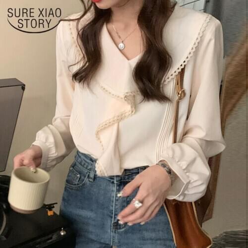 2021 Spring New Korean Elegant Blouse Women Lace White Shirt Spliced Ruffles Long Sleeve Top Office Casual V-neck Blusas 11930