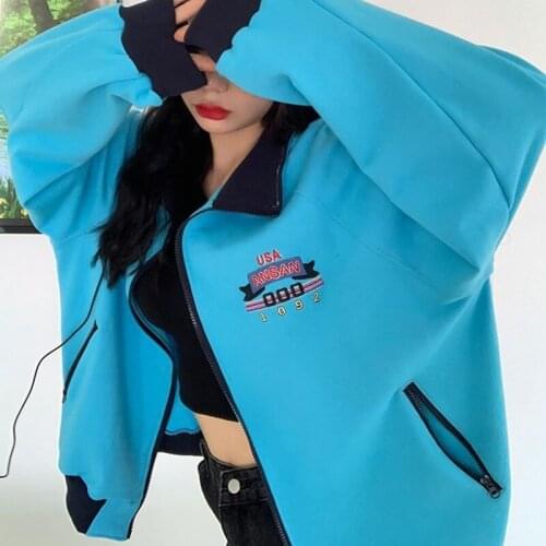 2021 Lake Blue Vintage Zip Up Hoodie POLO Collar Jackets Women Coats USA Letter Retro Printed Sweatshirt Oversized Teens Clothes