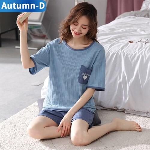 Womens Pajamas Suit Cotton Comfortable Solid Color Short Sleeve Shorts Set Crew Neck Nightgown Daily Girlish Clothes For Home
