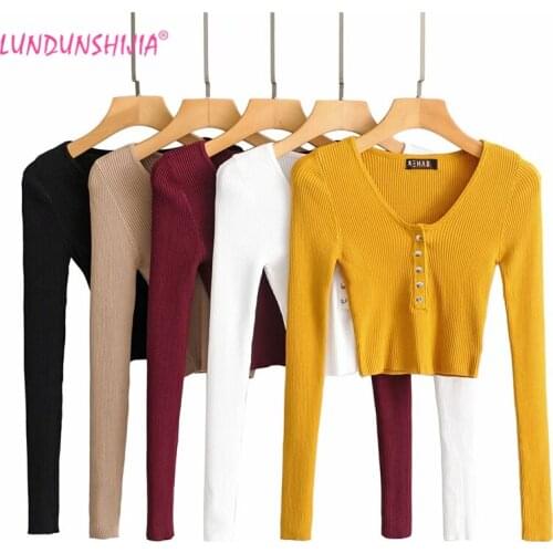 LUNDUNSHIJIA 2019 Autumn Short Deep V-neck Solid Bottoming Pullover Women Knitted Rib Sweater Long Sleeve Sexy Slim Sweaters