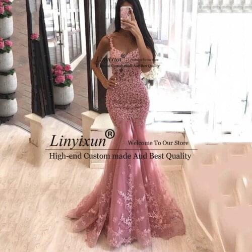 Pink Mermaid Prom Dresses Sleeveless Sexy V Neck Appliques Beaded Long Formal Evening Dress Custom Made Prom Party Gowns