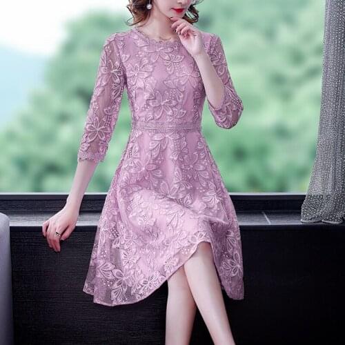 2021 New Women Summer Fashion Lace Hollow Out Dress Three-quarter Sleeve Printed Slim Ladies O-Neck A-Line Dresses