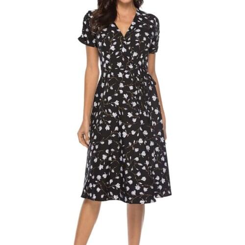 Summer Elegant Boho Flower Print Knee-length Dress Woman Vacation Style Short Sleeve Dresses Comfy Charming V-neck Платье Летнее