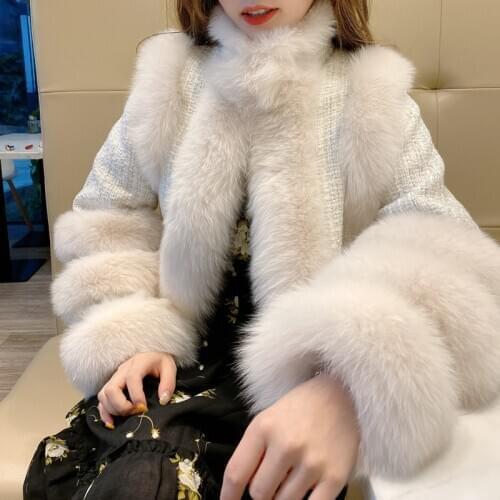 2020 New Fashion design Women Natural Fox Fur Collar Wool Coat with Plush Cuffs collar Female Thickening Warm Overcoat