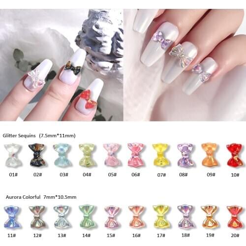 10Pcs Aurora AB Colorful Bowknot Nail Art Decorations 3D Holographic Resin Bow Japanese Design DIY Glitter Manicure Accessories