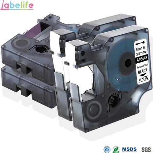 4 Pack 18443 Black on White for DYMO Rhino IND Vinyl Labels Rhino 9mm Label Tape Industrial Cartridge, Vinyl for Label Printer