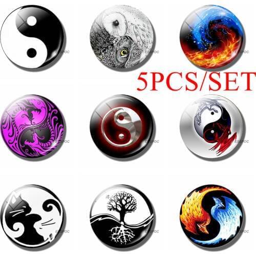 5PCS/SET Yin Yang 25mm Glass Cabochon Taichi Jewelry Findings DIY Pendant Couple Dragon Life Tree Handmade Accessories