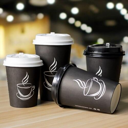 50pcs High quality creative disposable coffee cup packaging hot drinks milk tea juice black paper cup party favors cup with lid