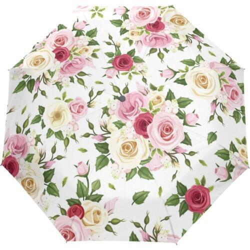 Beautiful Automatic Three Folding Rose Umbrella Rain Women Windproof Paraguas Anti UV Sunny And Rainy Umbrella for Girl Gift