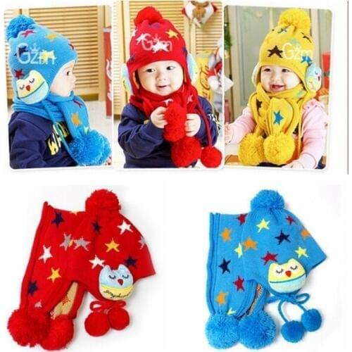 BH40 Free Shipping Kids Boys Girls Crochet Winter Warm Beanie Five Pointed Star Baby Hat Earflap Protection Scarf+Cap 2pc