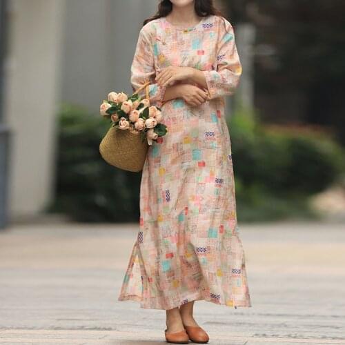 FairyNatural Ladies Chinese Style Ramie Dresses O-Neck Seven Sleeve 2021 Spring New Women Button Retro Maxi Dress Print Floral