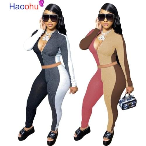HAOOHU Knitted Patchwork Womens Set Ribbed Zipper Long Sleeve Top Legging Pant Set Tracksuit Fitness Two Piece Matching Set
