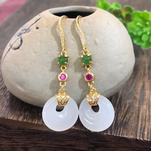 Natural Hetian Jade Classical Retro Long Elegant White Jade round Ring Earrings Court Earrings Elegant High-End Earrings for Wom