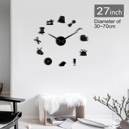 Sewing Instruments Tools Designer Mirror Effect Wall Art Giant DIY Wall Clock Seamstress Room Decor 3D Frameless Clock Watch