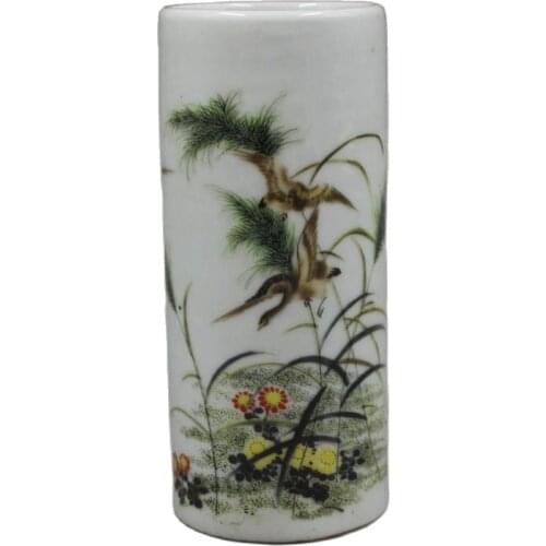 Chinese Old Porcelain Pastel Flowers And Birds Pen Container