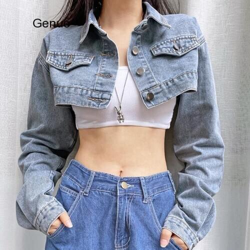 Solid Cropped Denim Jacket Women Autumn Vintage Sexy Kpop Streetwear Jeans Down Coat Female Winter 2020 Girl Top