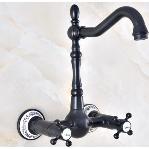 Black Oil Rubbed Antique Brass Bathroom Kitchen Sink Basin Faucet Mixer Tap Swivel Spout Wall Mounted Dual Cross Handles mnf472