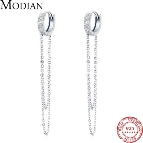 Modian Real 925 Sterling Silver Claer CZ Sparkling Long Tassel Elegant Hoop Earrings For Women Wedding Statement Fine Jewelry