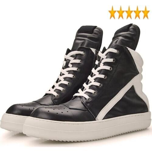 2021 New High-Top Men Ankle Genuine Leather Luxury Trainers Boots Casual Lace-up Zipper Flat Black White Shoes