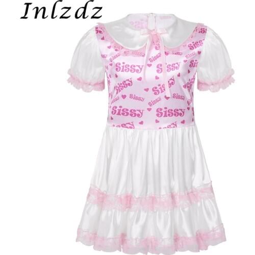 Mens Lingerie Dress Sissy for Crossdressing Printed Bodice Lace Trimmed Ruffled Exotic Dress Adult Baby Cross Dresser for Sex